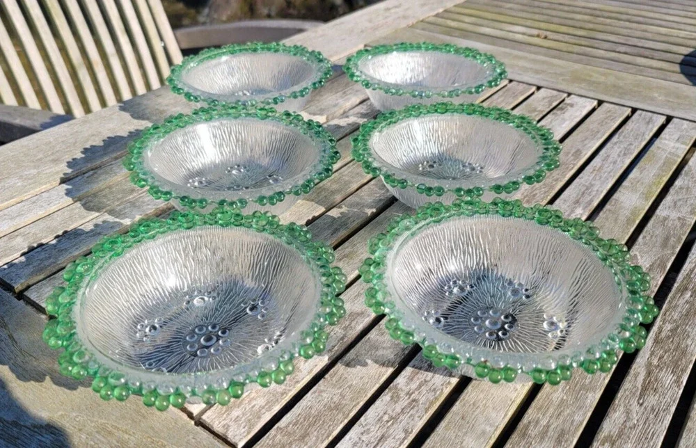 Set of 6 Vintage Ishizuka Aderia Japan Green & Clear Bubble Lace Glass Bowls